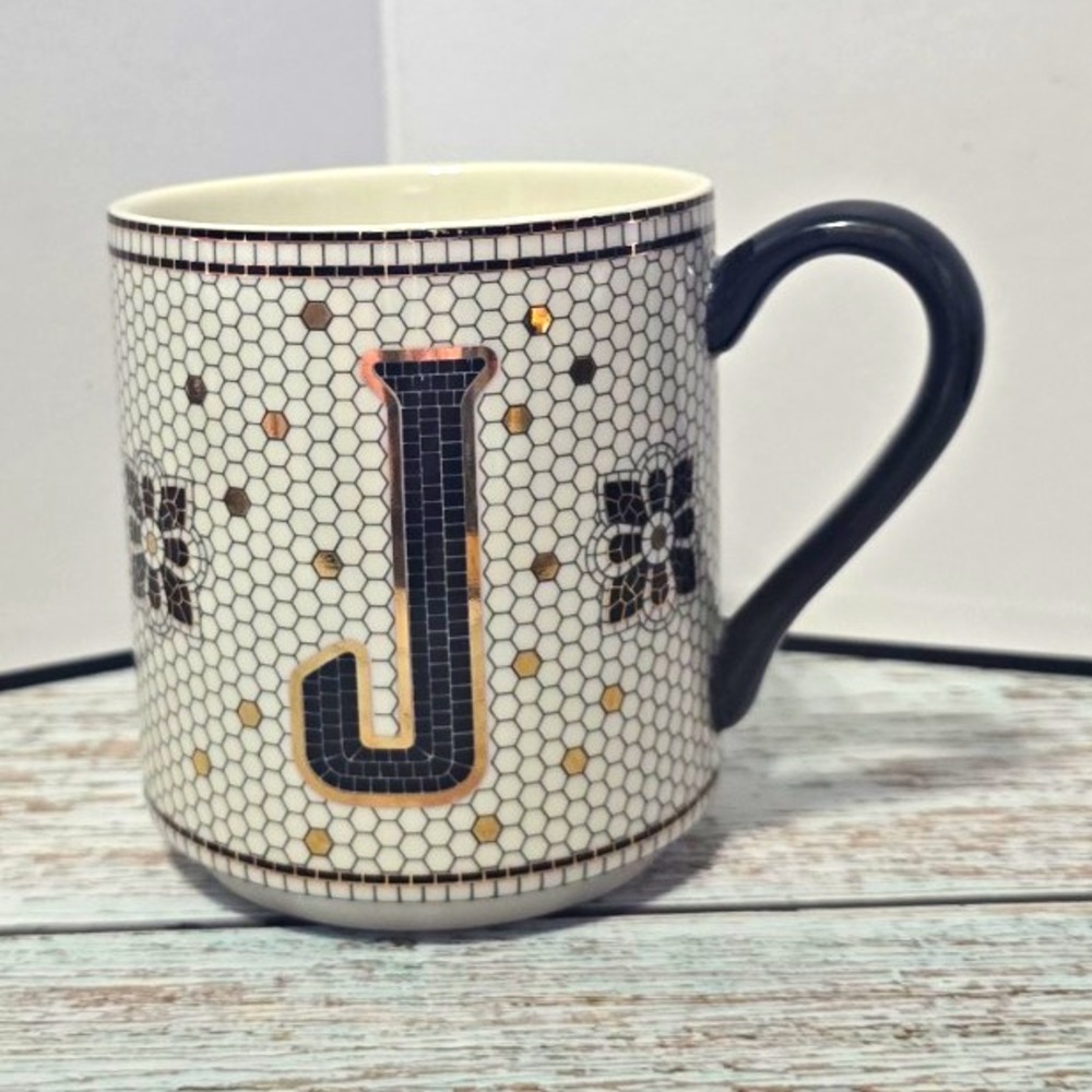 Anthropologie Coffee Mug Letter J Monogram Ceramic/Porcelain White Black Gold